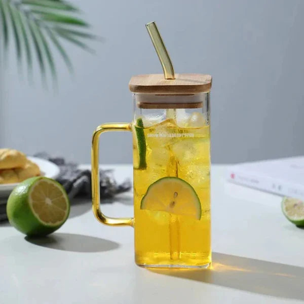 Square Glass Mug With Lid and Straw