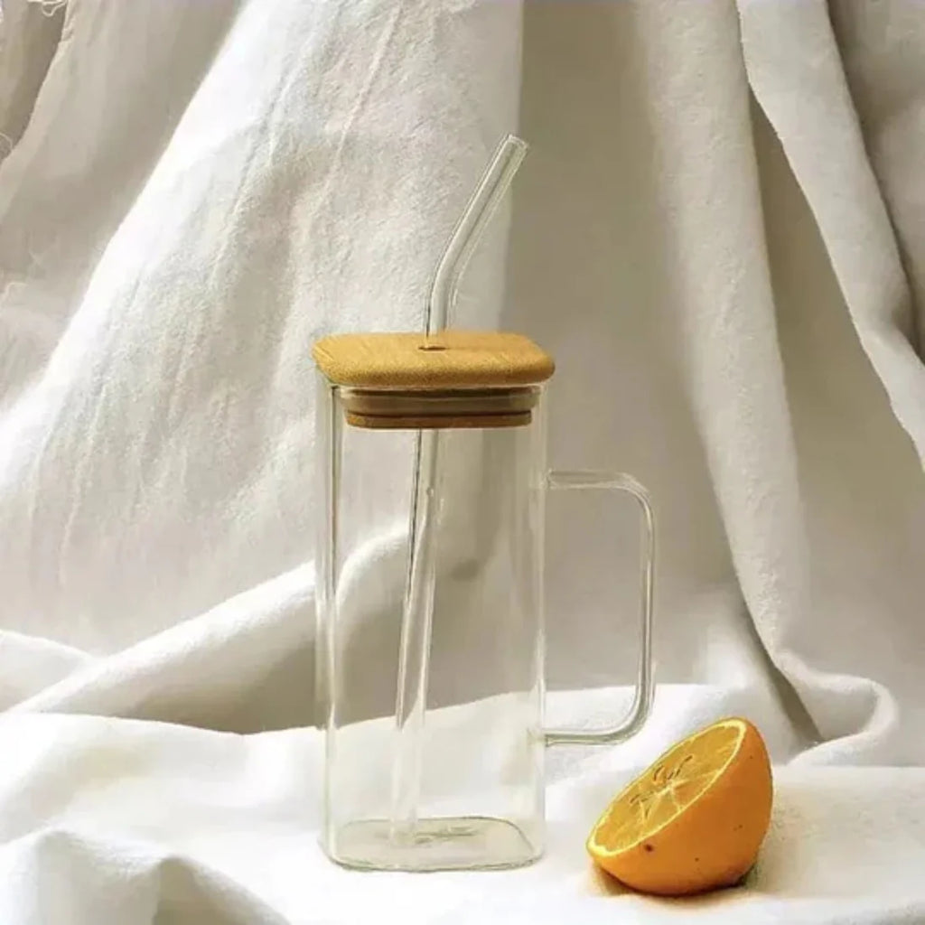 Square Glass Mug With Lid and Straw