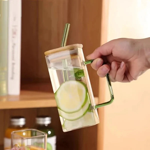 Square Glass Mug With Lid and Straw
