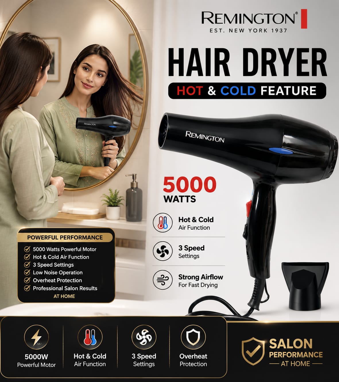 Remington Hair Dryer 3 Speed Hot & Cold Air Function