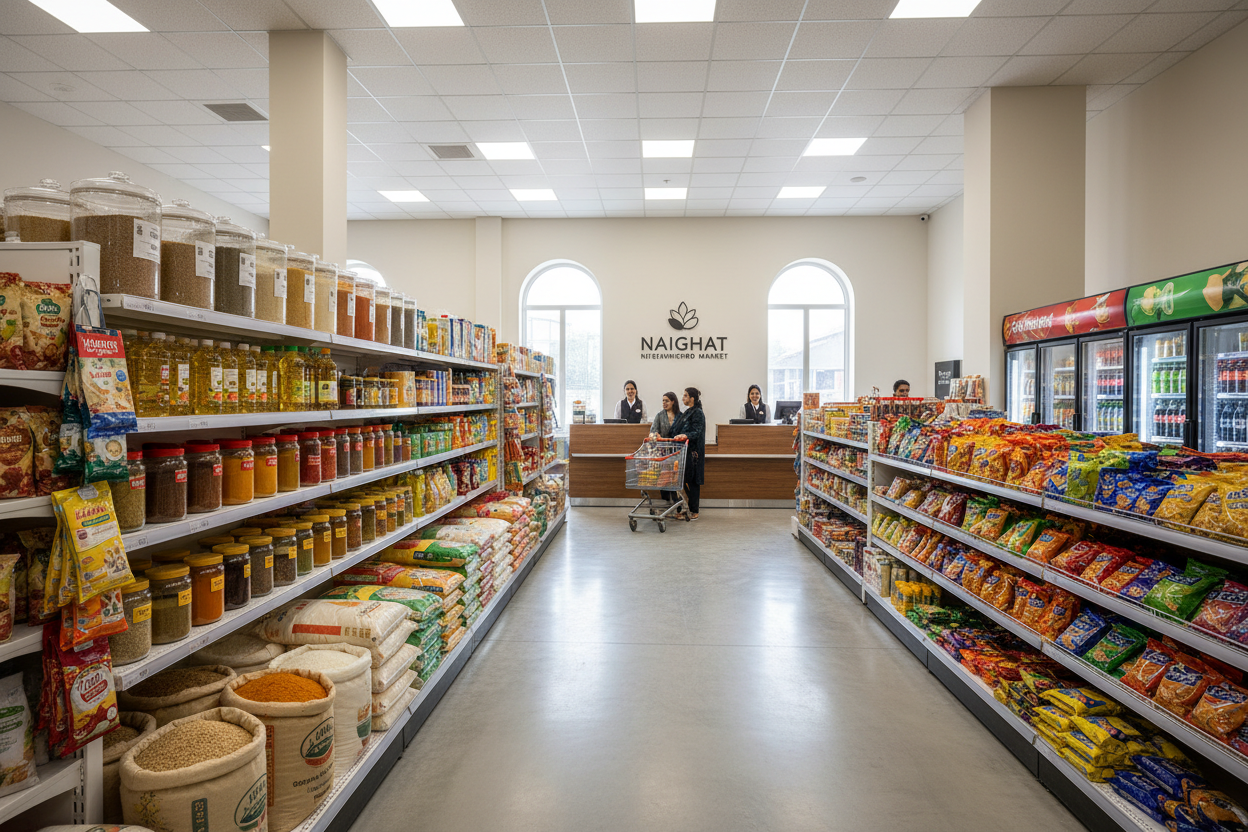 Create a high-quality hero banner for a Dukaanistaan online store.
The banner should show a clean, modern neighborhood grocery shop with shelves full of everyday items like cooking oil, rice bags, flour (atta), lentils (daal), spices, snacks, biscuits, soft drinks, tea, sugar, and household essentials.

Style: Bright, colorful, trustworthy, and local Pakistani market feel.

Lighting: Natural daylight, welcoming and fresh.

Background: Well-organized supermarket interior, not crowded.

